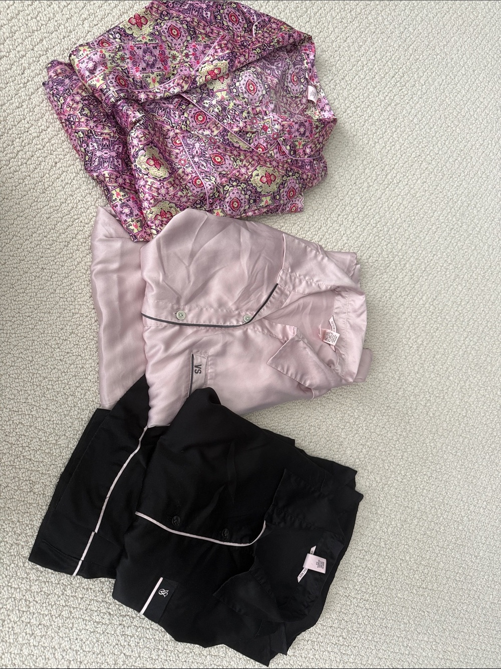 Victoria’s Secret Silk Pajama Set Trio in Pink, Black & Floral